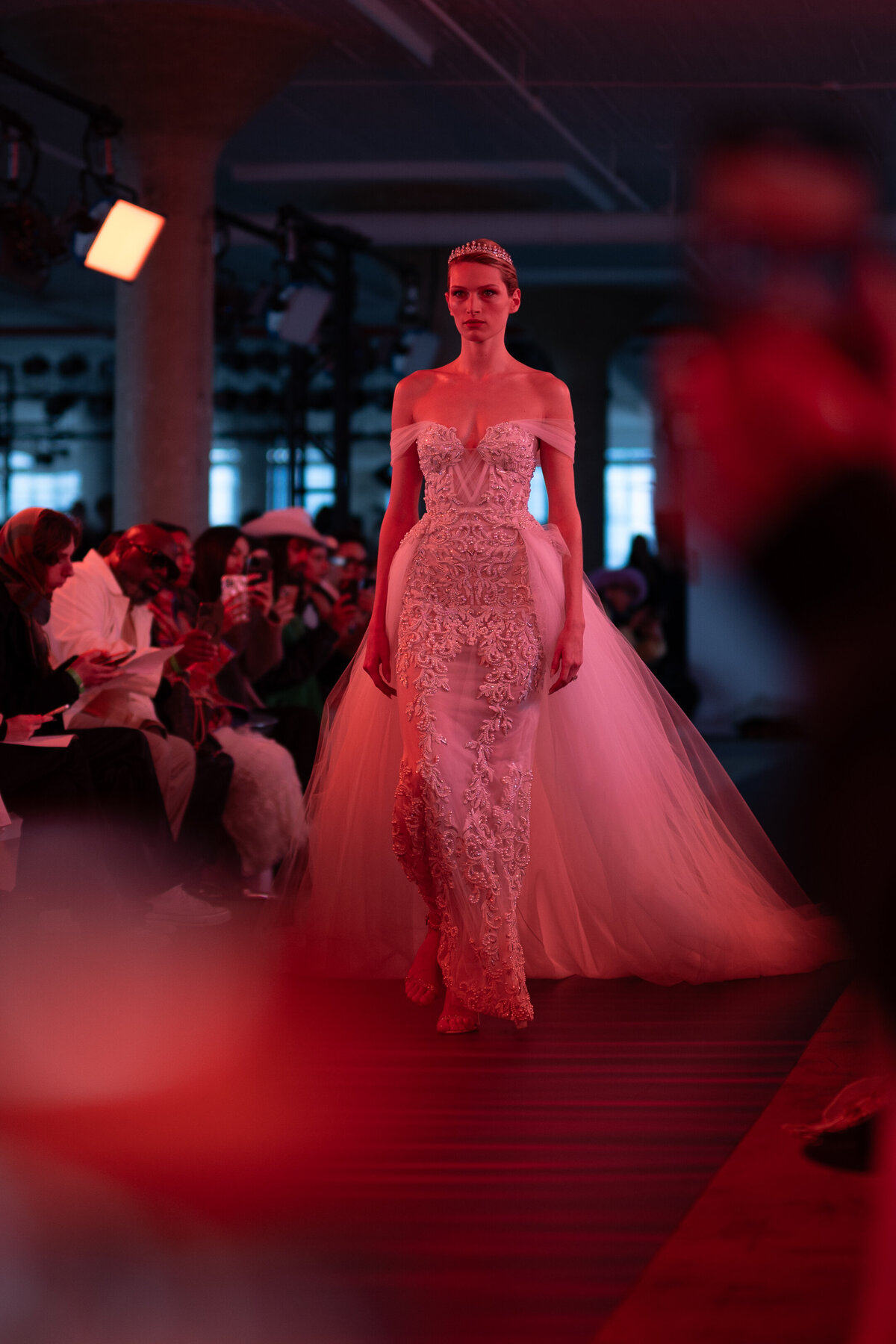 model walking runway in wedding dress