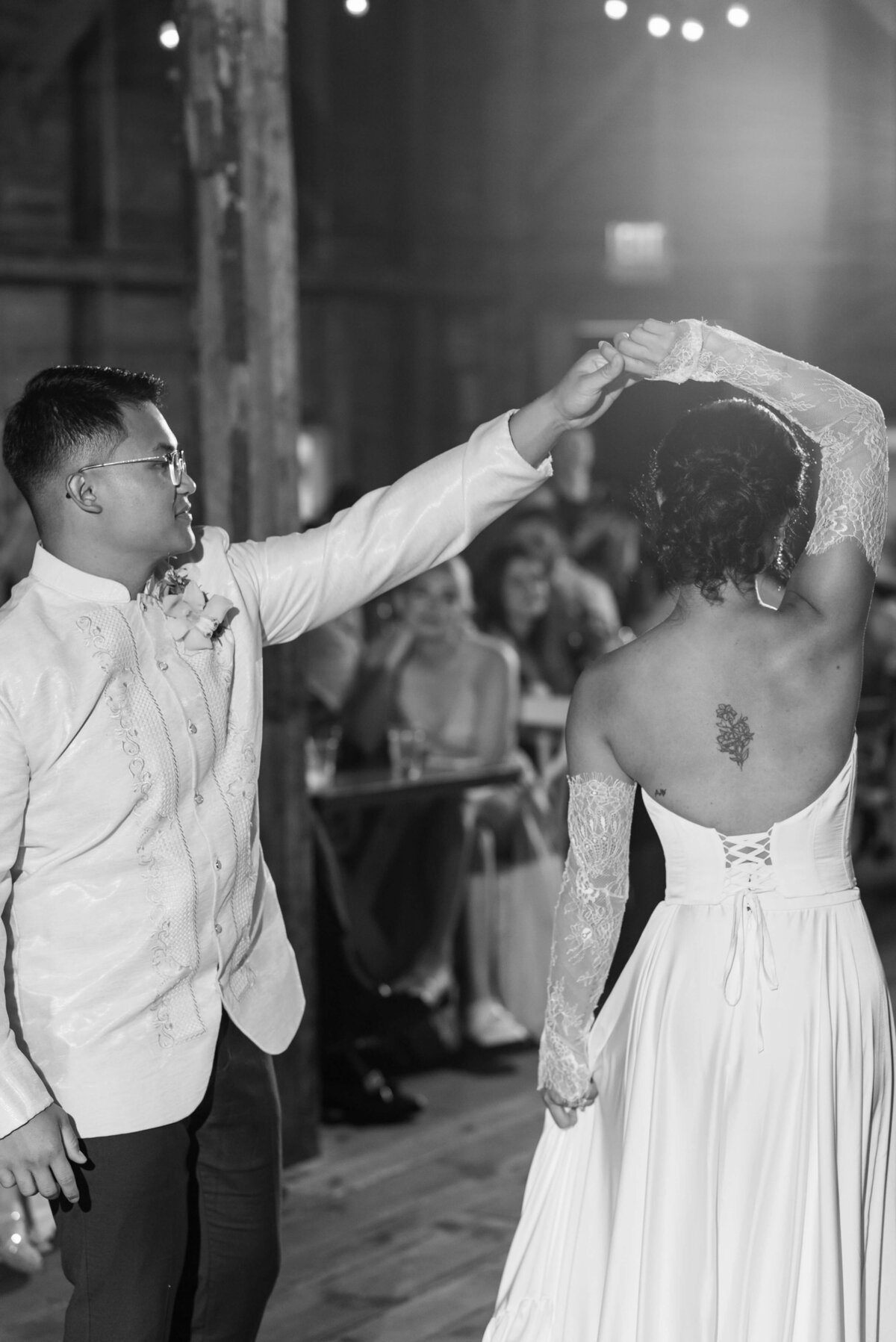 Groom and bride dancing at  Woodburn Ridge Wedding reception, Nova Scotia