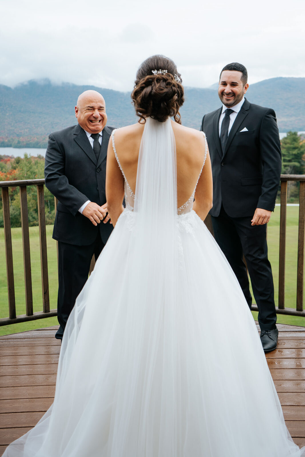 first look with bride and dad and brother emotional wedding mountain top inn