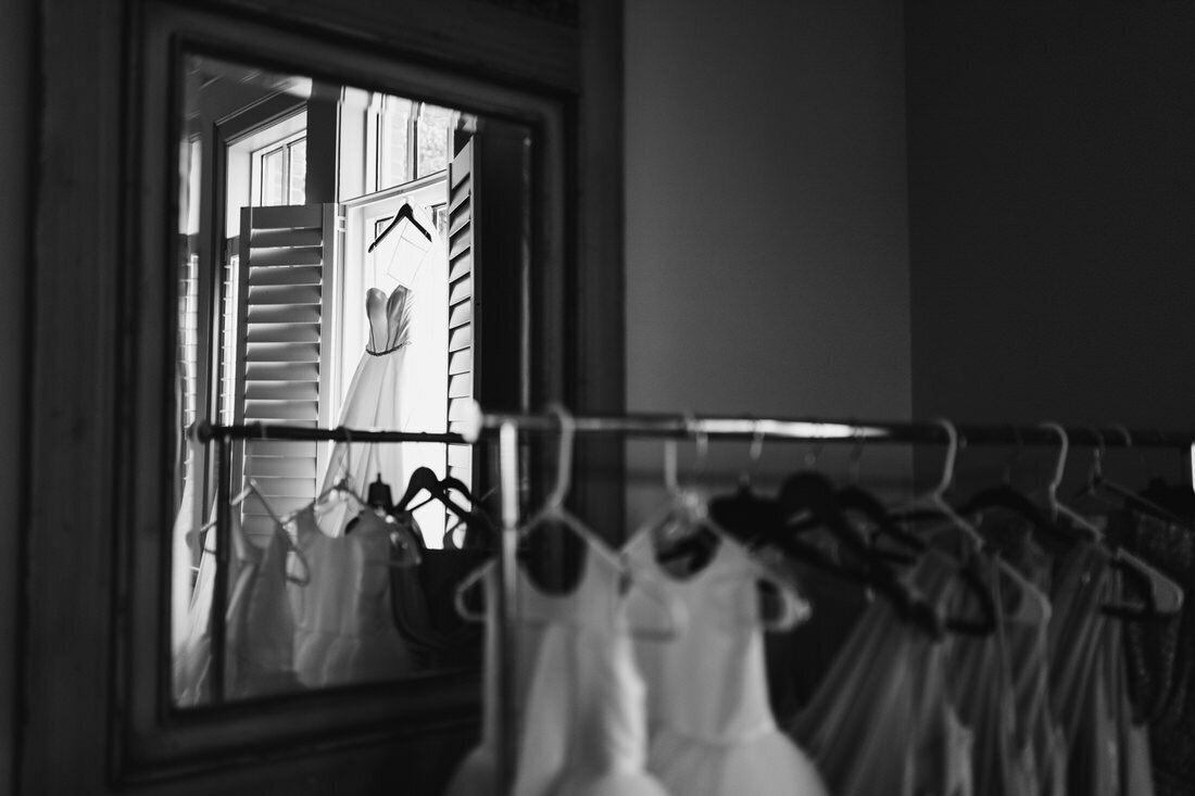 black and white wedding dress mirror reflection