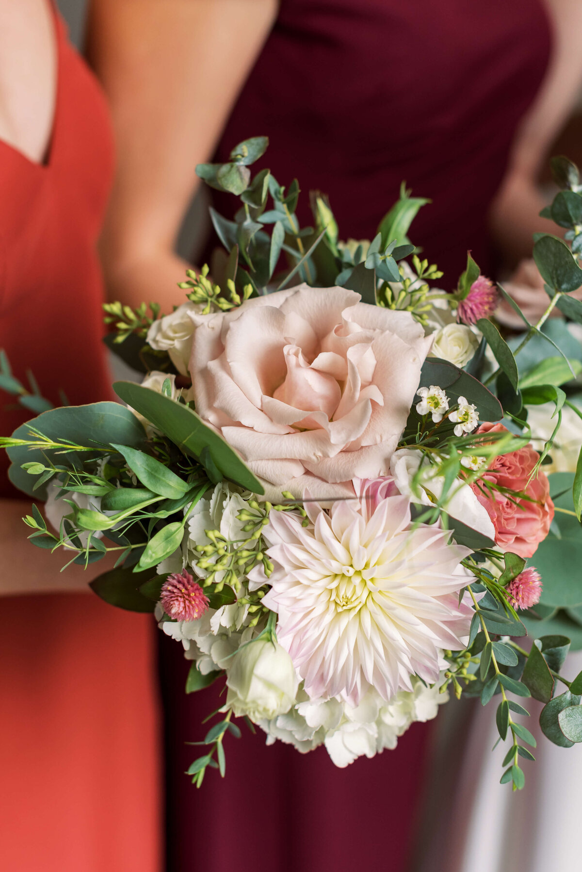 Wedding florals in dusty pink, ivory and greenery at Lord Nelson Hotel wedding in Nova Scotia