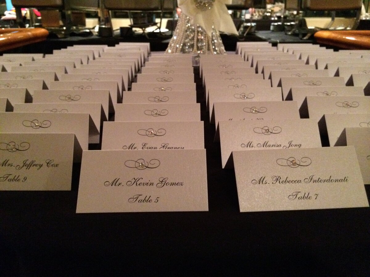 white shimmer crystal seating card