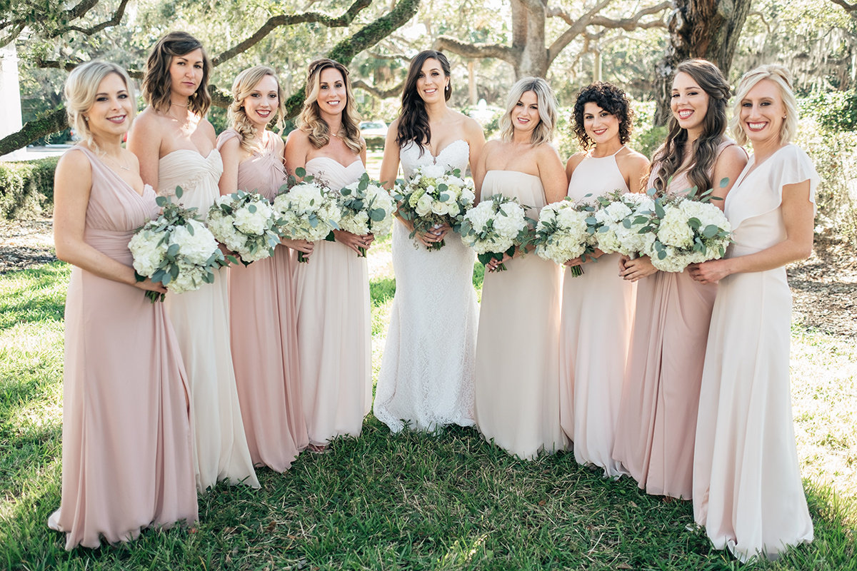 Tampa Yacht Club Wedding. Tampa Wedding Planners. Tampa Wedding Photographer. Blush and grey wedding. Country Club wedding. bride tribe. bridemaids. Blush bridesmaid dresses. white and eucalyptus bouquets.