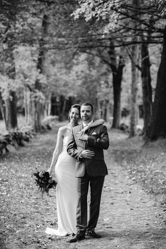 bride and groom black and white woodland in Hollis New Hamshire