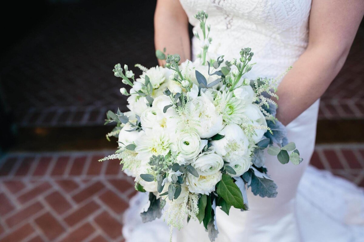 Green and white rose and peony bridal bouquet