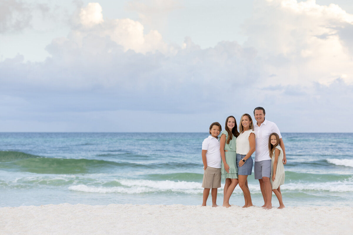 A family posing together at the beach