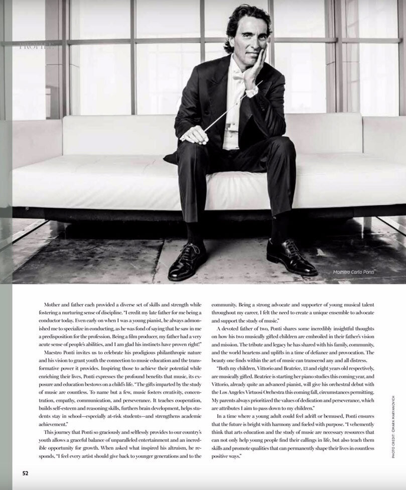 Magazine Article Haute San Francisco featuring MAestro Carlo Ponti sitting on white sofa wearing tuxedo conductor baton in one hand rested on knee other hand resting beneath his chin black and white