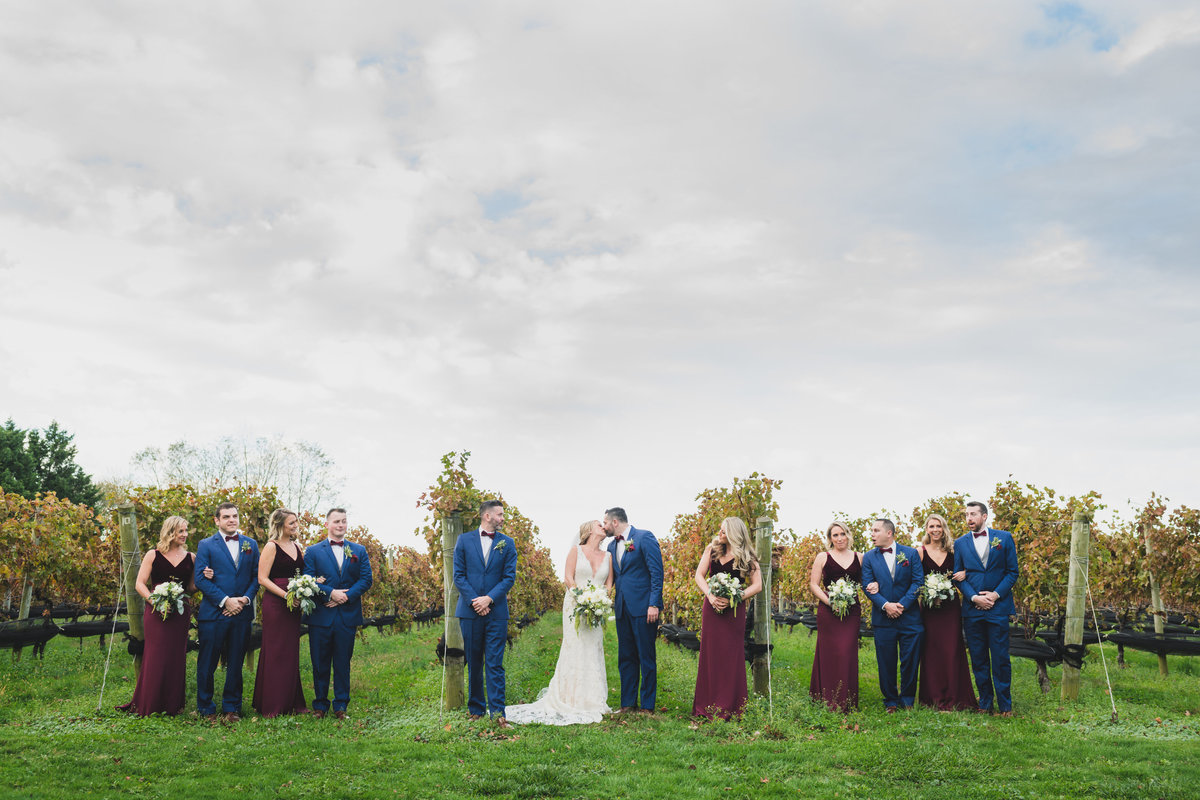 photo of full bridal party outside in the vineyards from wedding at The Vineyards at Aquebogue