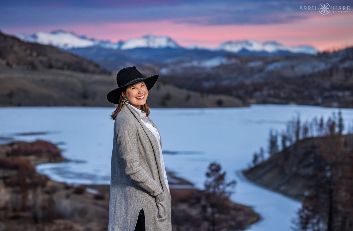 Sunset Headshot Portrait with Woman Wearing a Hat in Grand County Colorado