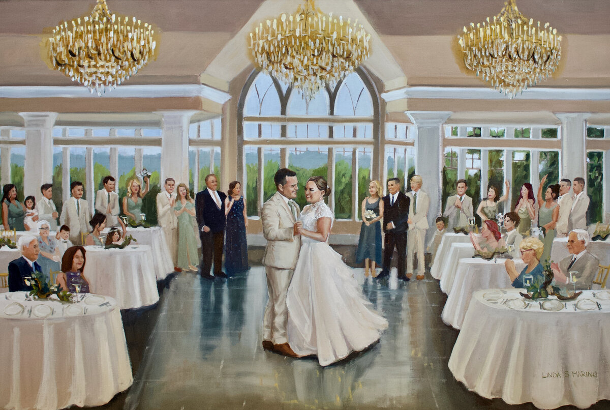 live wedding painting of bride and groom first dance with neutral background ballroom