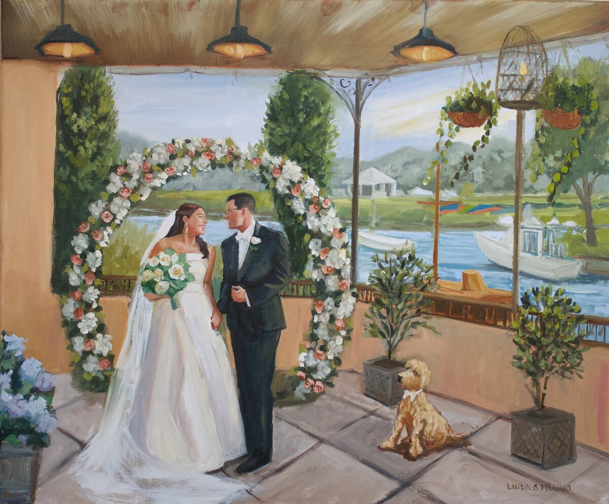 live painting of bride and groom outdoor ceremony with dog