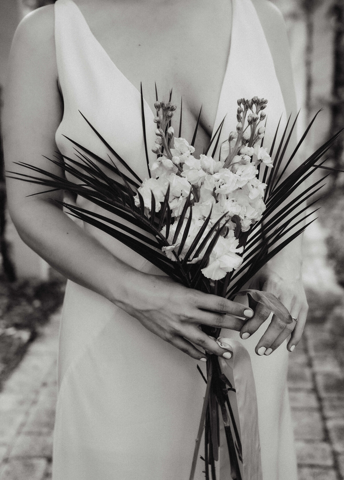 up close view of tropical bridal bouquet for intimate elopement in rosemary beach
