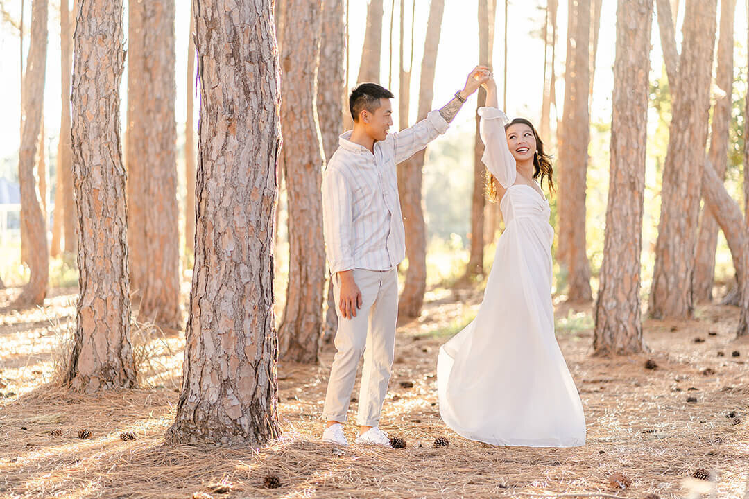 Sunset pine forest couples session at Gold Coast by Isabelle Hikari, a Brisbane engagement photographer