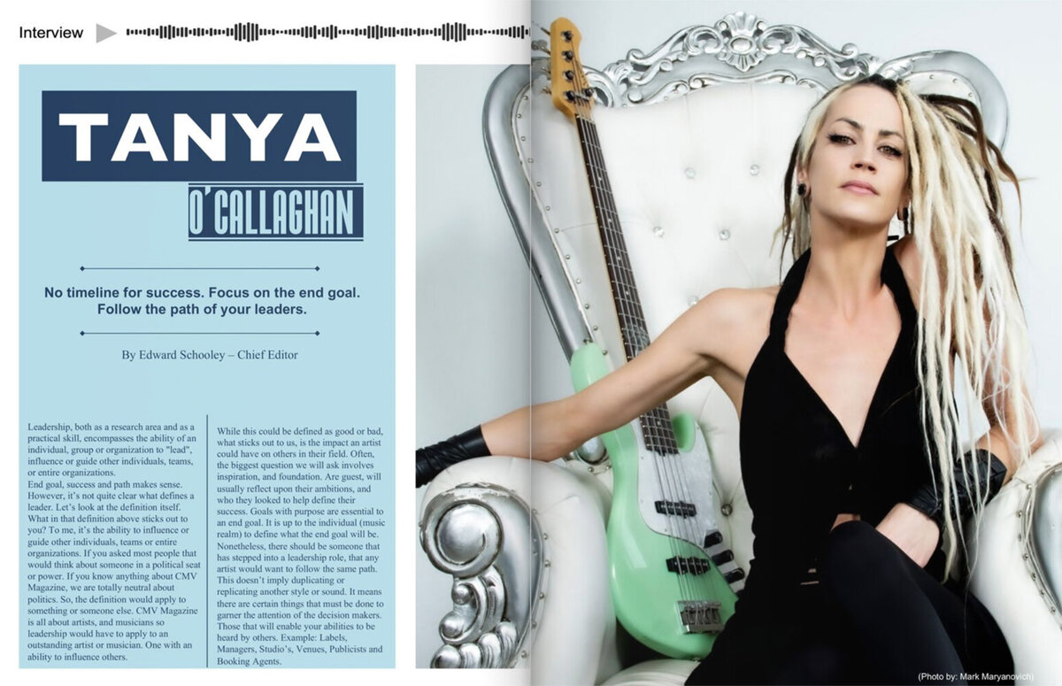 Magazine article CMV featuring Tanya O Callaghan sitting in white large chair with bass
