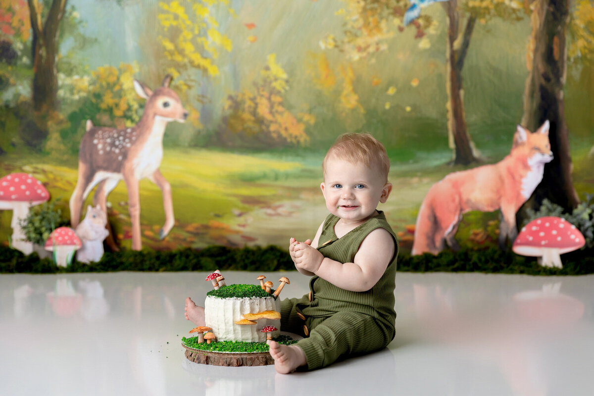 First birthday baby boy smiles at a woodland themed cake smash photoshoot