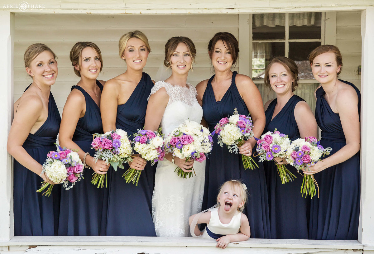 Silly Flower Girl with Bridesmaids at Chatfield Farms