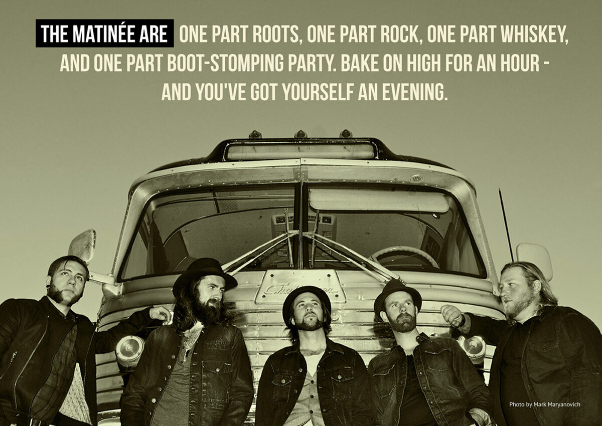 Music poster The Matinee all five members standing in front of tour bus black and white image