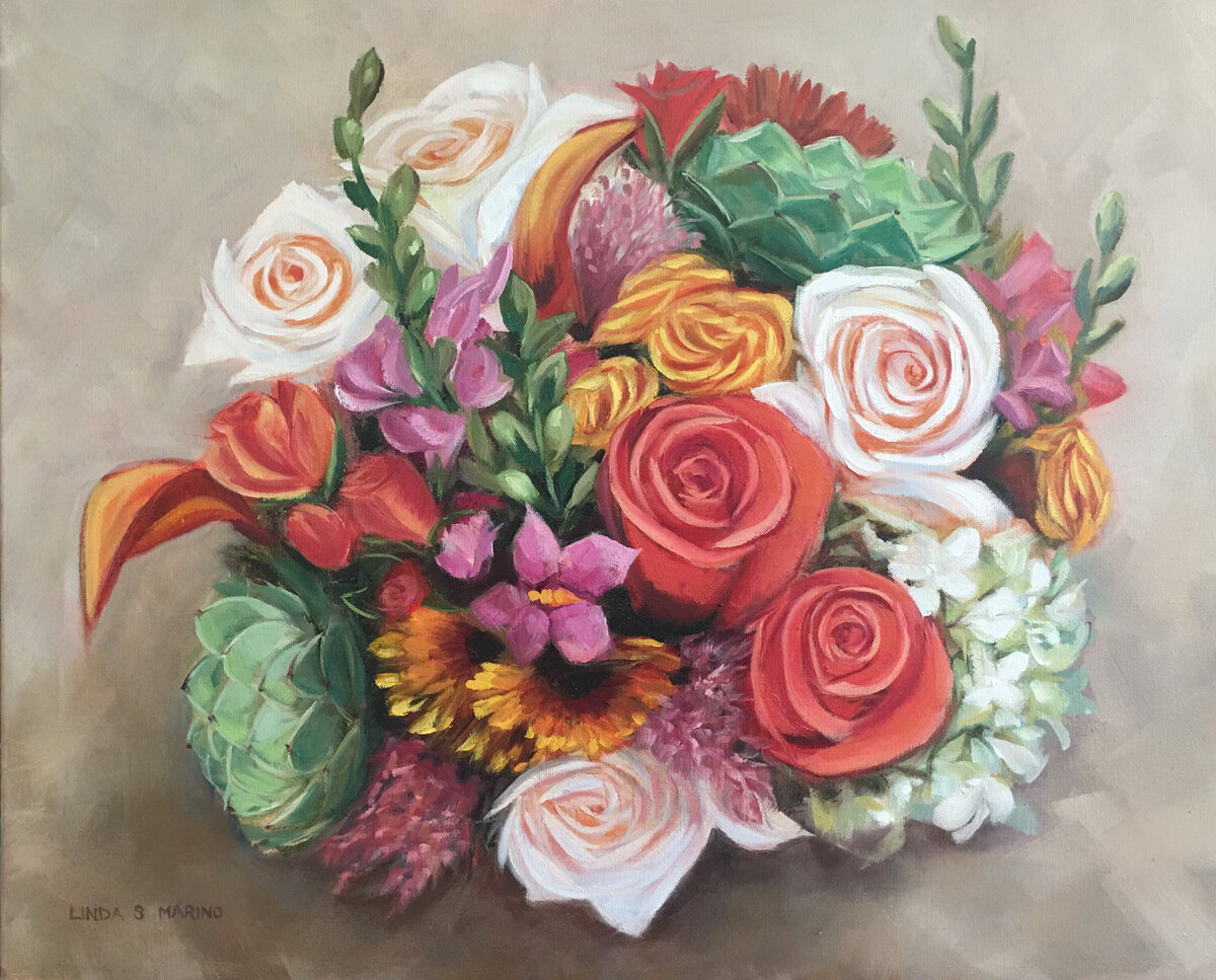 wedding bouquet painting with coral,  pinks and greens and yellow