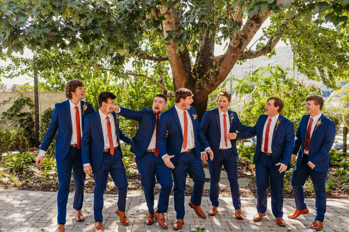 Photo of a groom and his groomsmen and navy suits cheering and celebrating in front of a tree