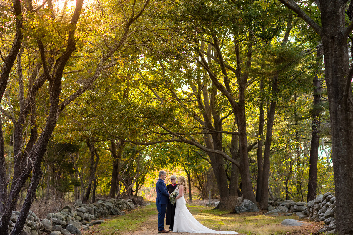 The arched tall trees at Odiorne Point Park serve as a backdrop for this NH elopement