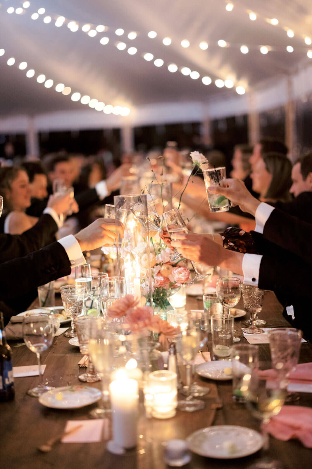 The wedding guests are doing a toast at the elegant wedding reception at The Ausable Club, NY. Image by Jenny Fu Studio