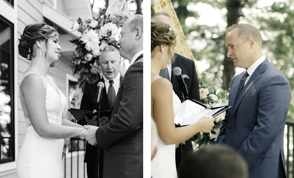 bride and groom reading vows to each other during wedding ceremony