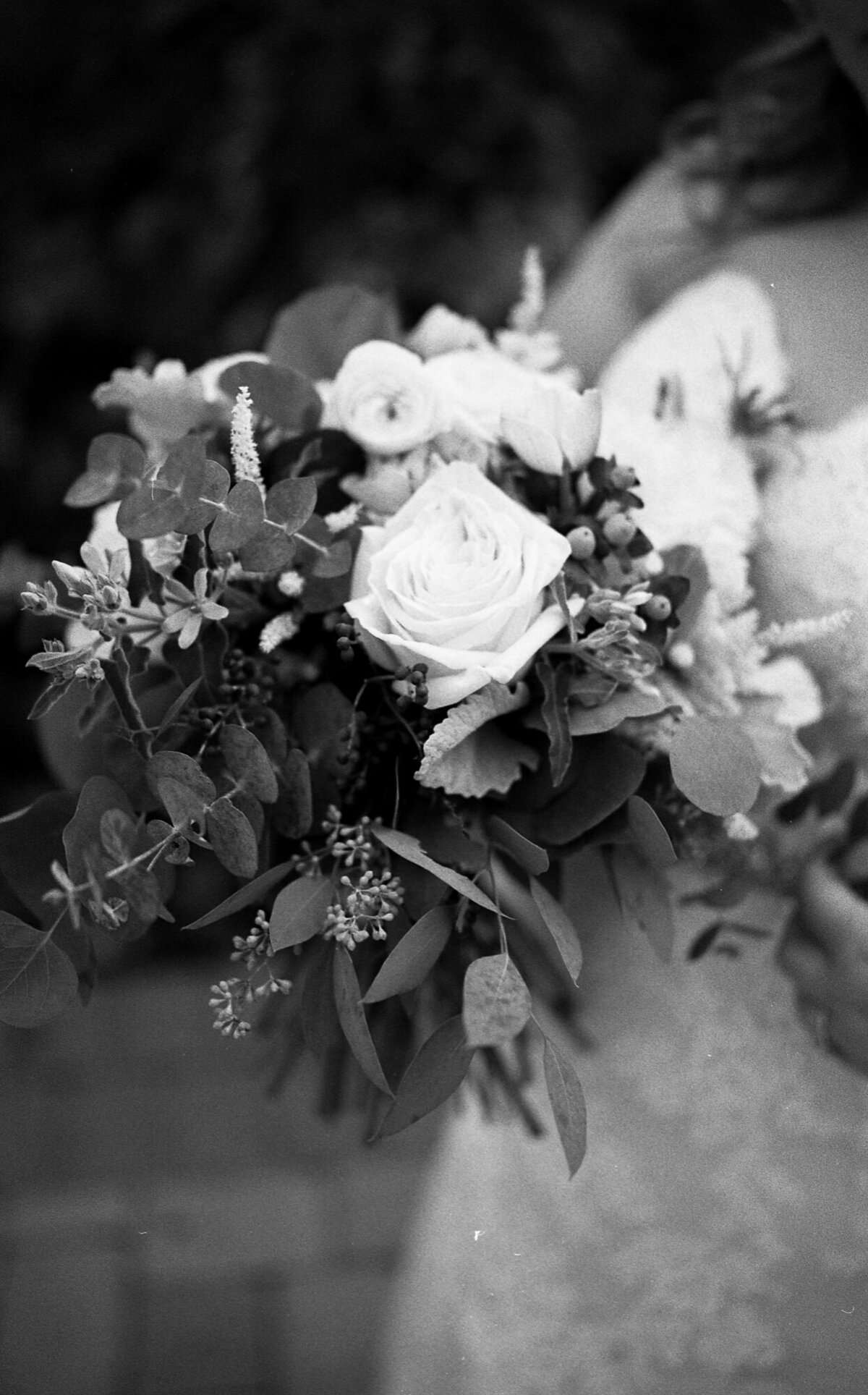 Detail photo of bride's wedding bouquet on 35mm film