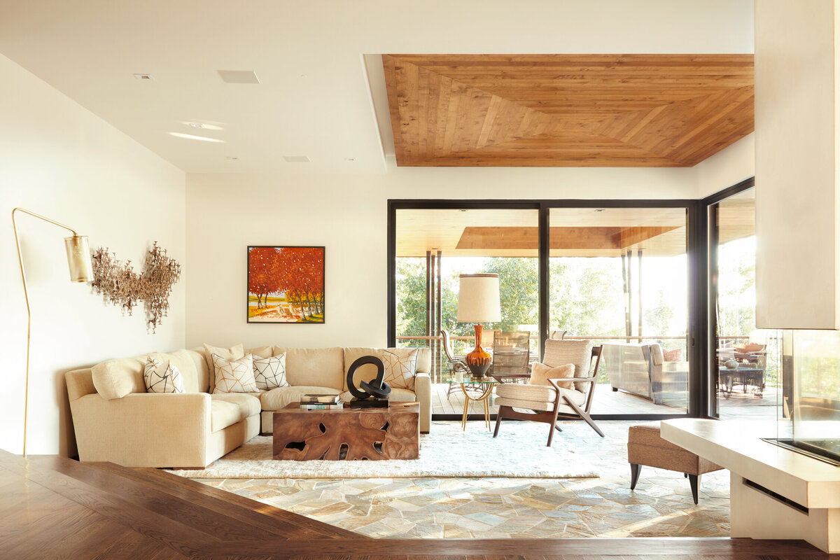 Panageries Residential Interior Design | Pacific NW Modern Dwelling Modern Living Room with Wood, Creams and Pops or Red and Orange