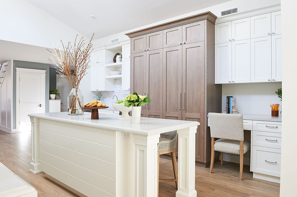 white cabinets mixed with wood cabinets