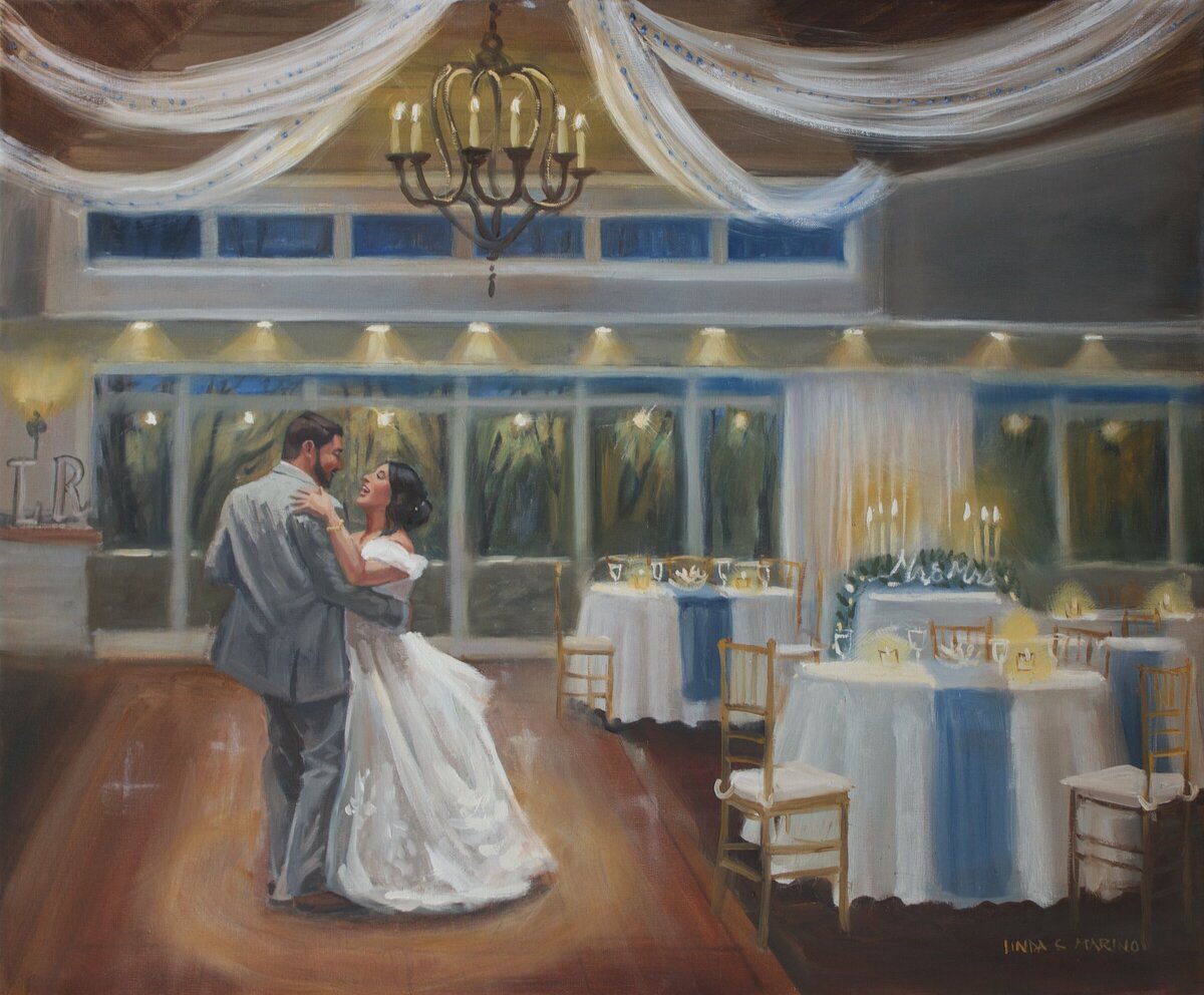 painting of bride and groom dancing at cape cod venue