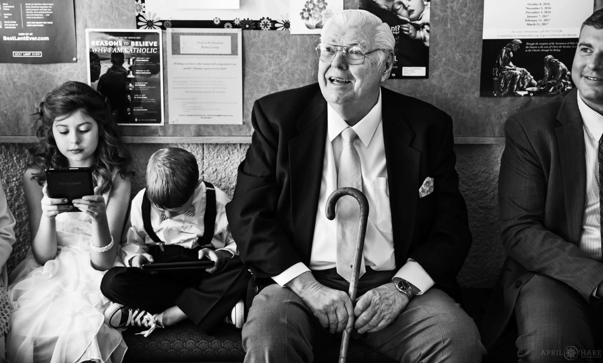 B&W Wedding Photography Candid Moment with Grandpa in Denver Colorado