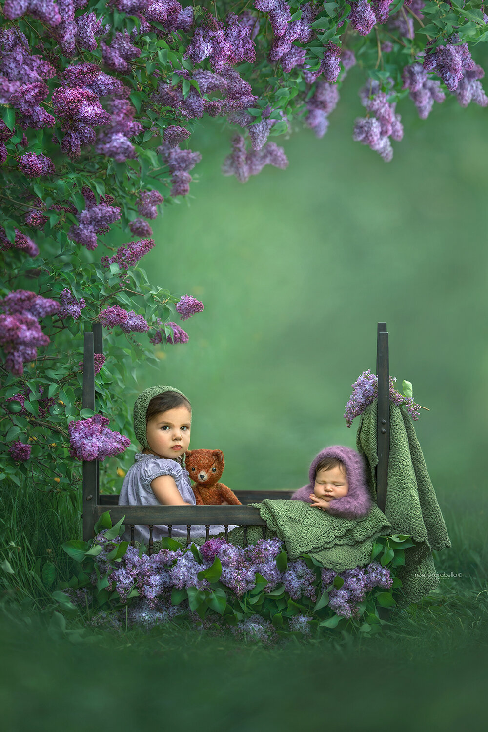 Baby girls in a crib outside under lilac branches full of blooms.