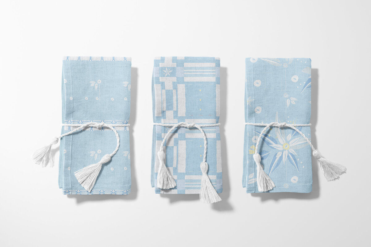 blue and white patterned fabric napkins