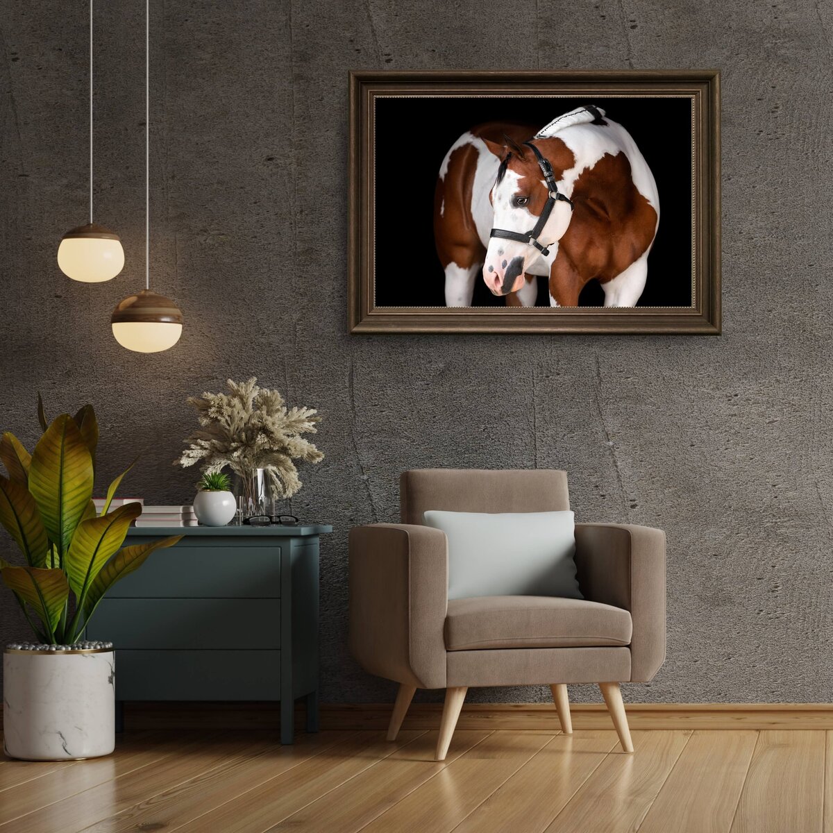 bay Overo American Paint Horse photograph in a black background style hanging on a wall in a room