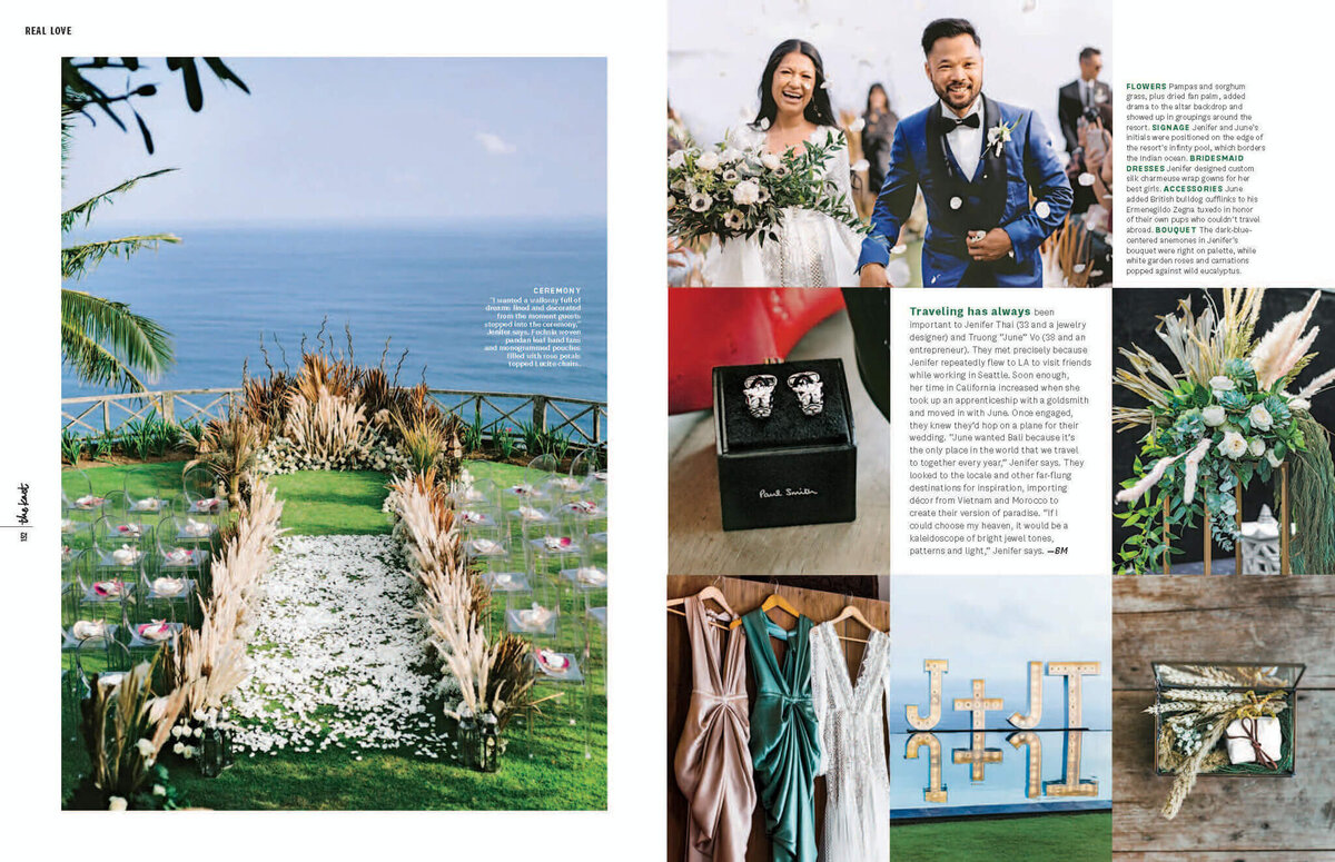 A page in The Knot Magazine with images of the bride and groom, the venue, etc. in Bali, Indonesia. Image by Jenny Fu Studio