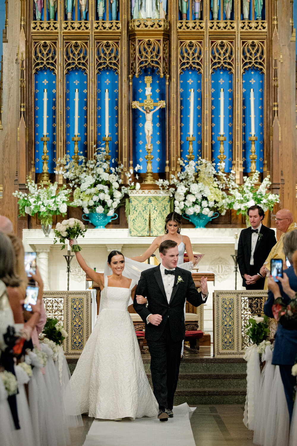 groom-bride-church-vows-lela-rose-plumed-serpent-clermont-melrose-vows-just-married-recessional