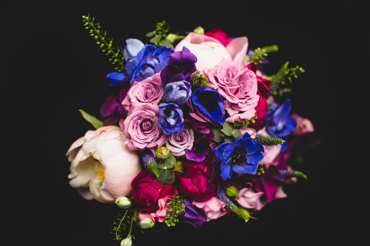 wedding bouquet blue pink lilac peonies