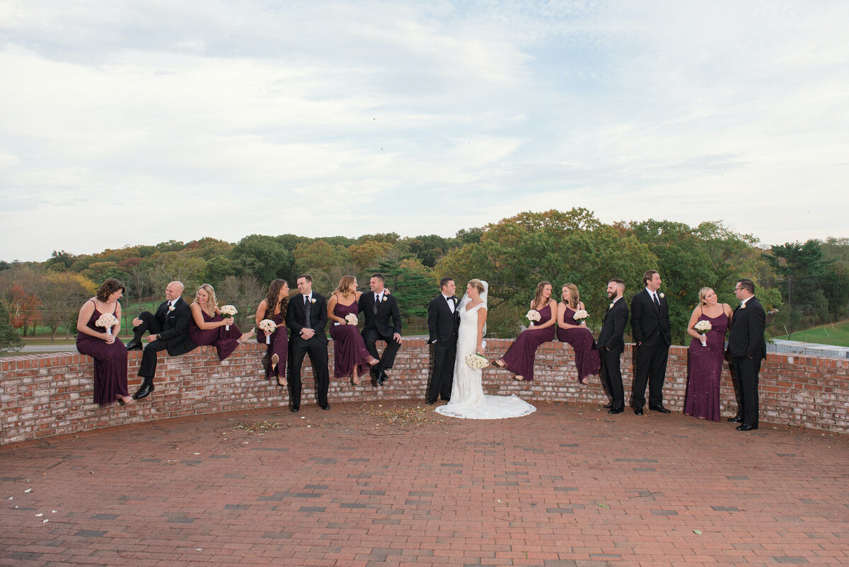 bride and groom with bridal party on the balcony at Heritage Club at Bethpage