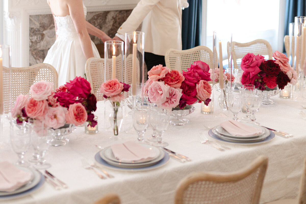 Luxury wedding reception tablescape with fine art floral design and editorial detail photography in DC