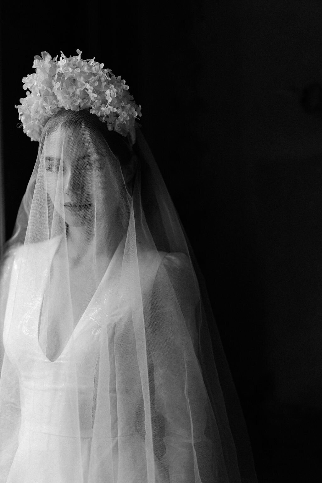 black and white portrait wearing wedding dress