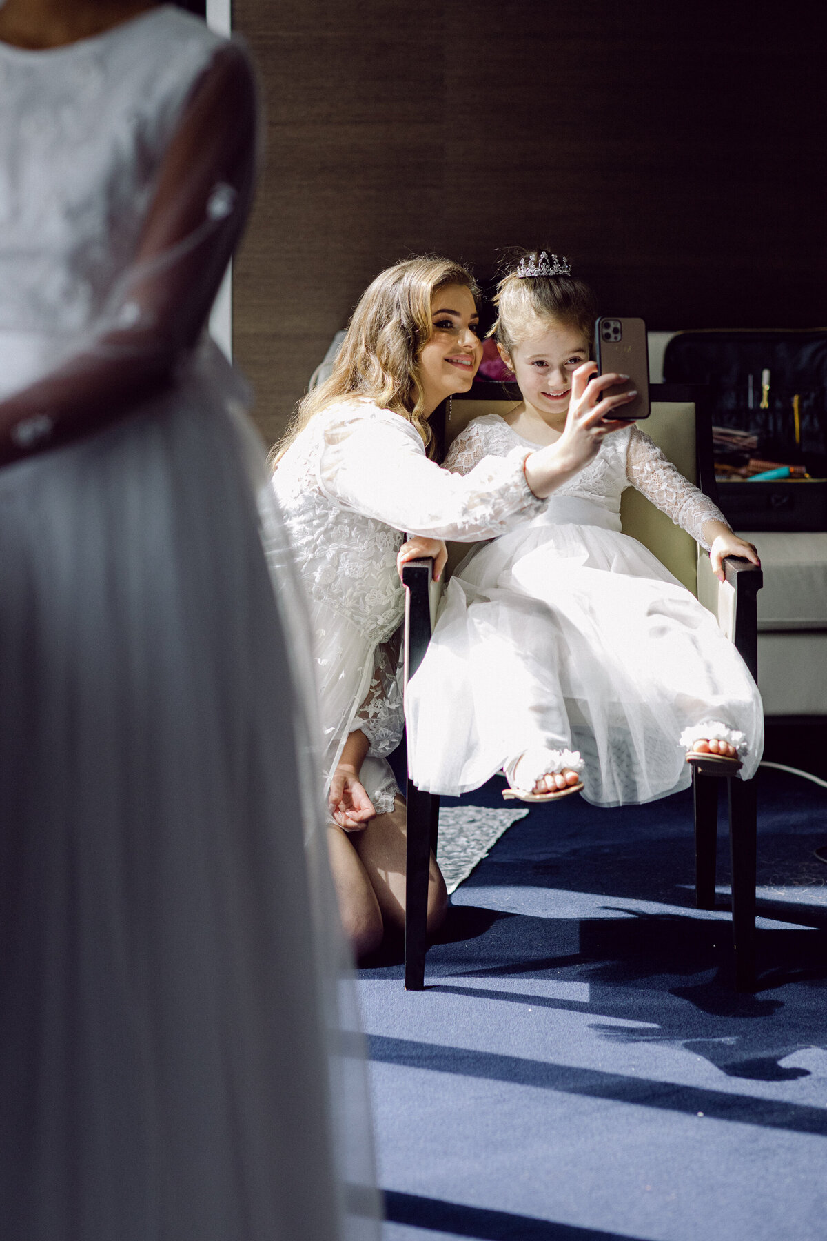 Bride in Lace Robe + Flower Girl with lace dress and tiara