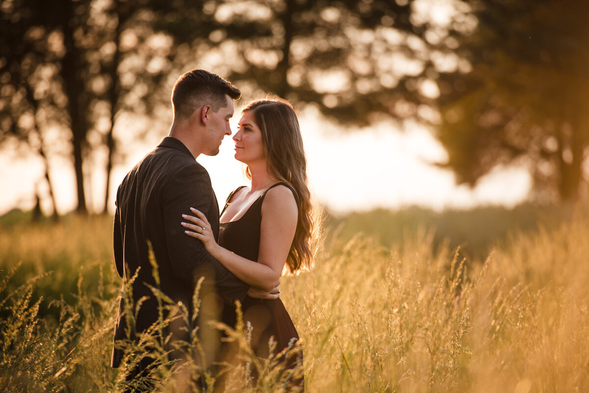 Engaged-couple-wearing-black-looking-at-one-another-amid-a-golden-field-during-sunset-at-Frank-Liske-Park