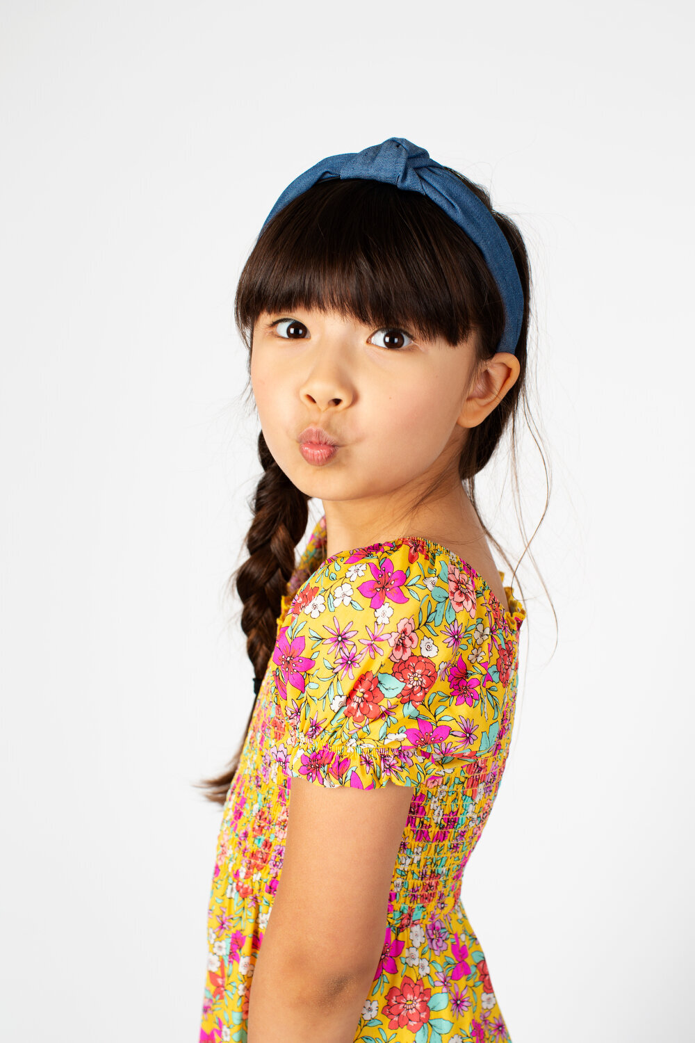 Greer Rivera Photography Kids Editorial Photoshoots Marin CA Girl in flower outfit and headband making a silly face