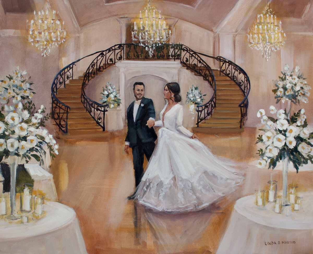 live painting bride and groom dancing in formal ballroom