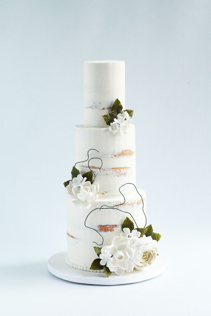 three tier floral semi naked buttercream wedding cake, Hamilton ON wedding cakes