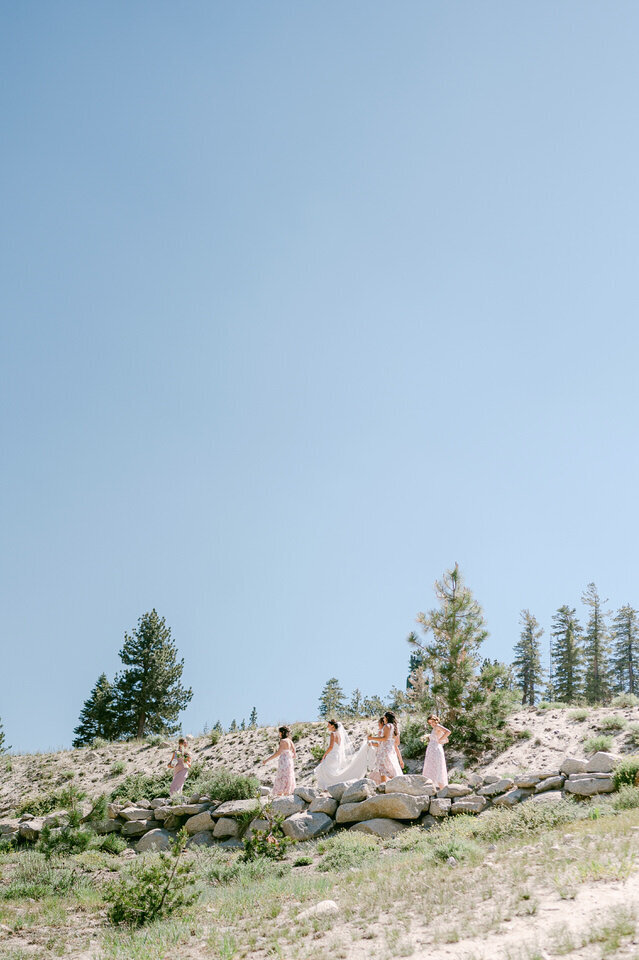 Wedding party walking in Tahoe nature