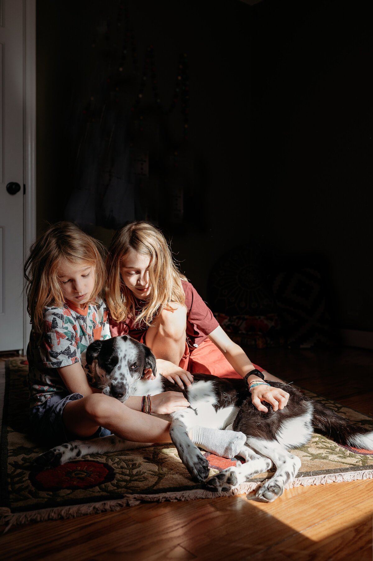 Children cuddling dog home McKennaPattersonPhotography
