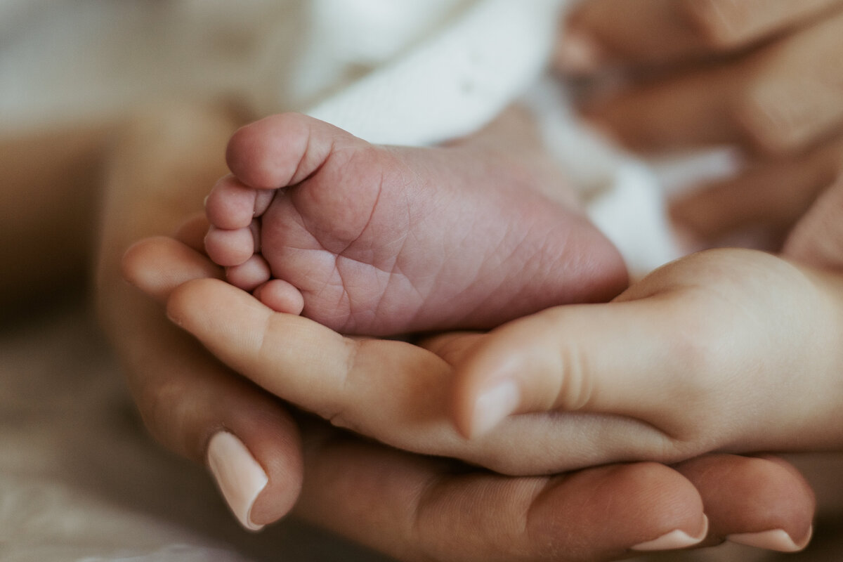 A close up photograph of a newborn baby's foot resting in her mum and big sister's hand.