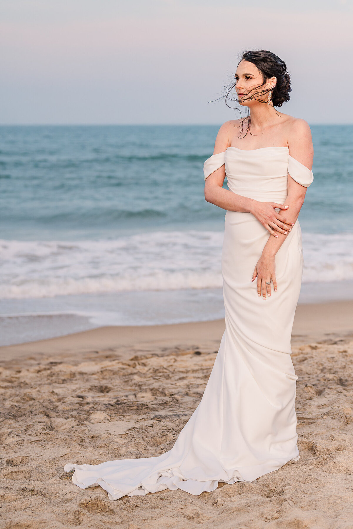 Bridal portraits on Wrightsville beach at sunset in the spring by JoLynn Photography, a Wilmington wedding photographer