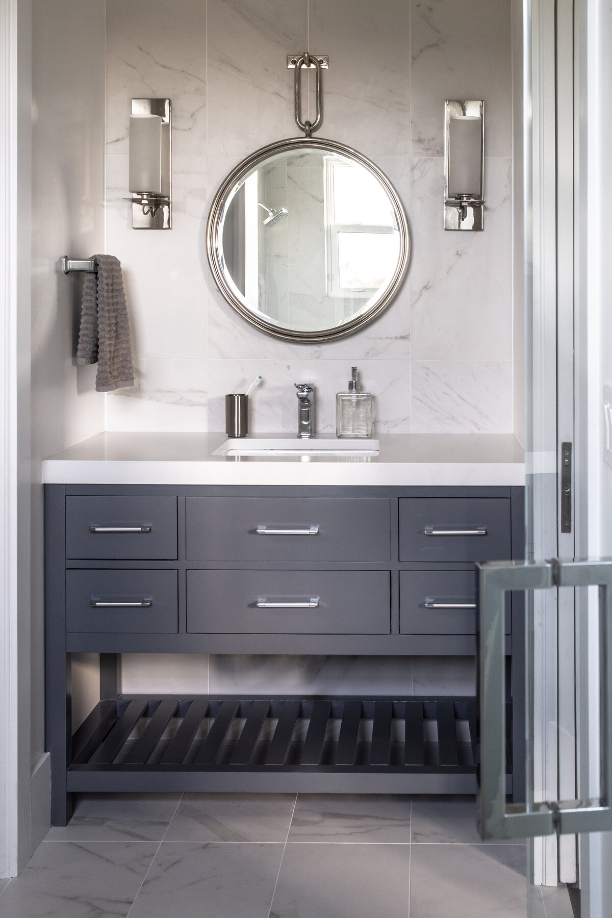 Dark Grey Bath Vanity Cupboards with Classic Round Mirror